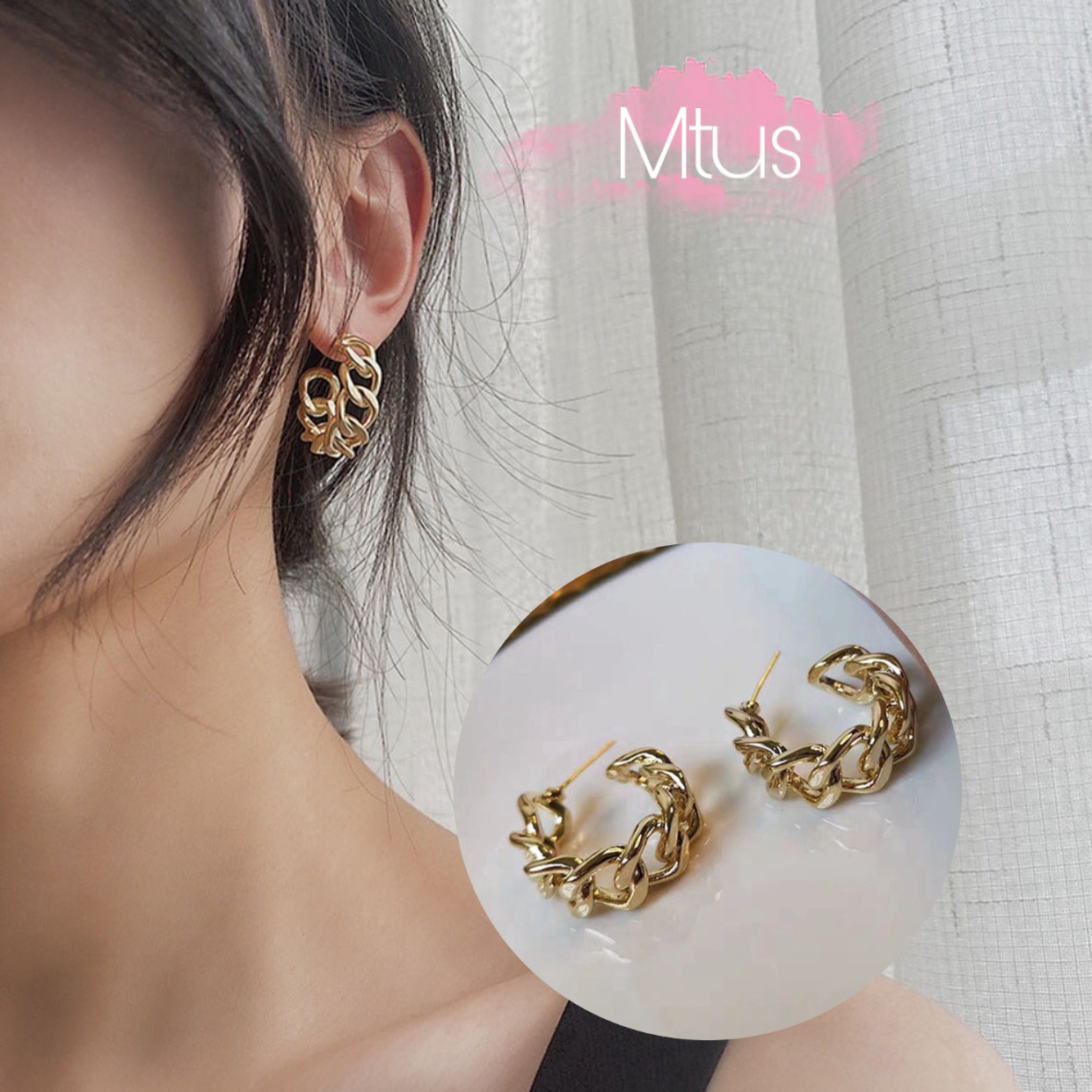 Khuyên tai chữ c mắt xích phong cách cổ điển hàn quốc