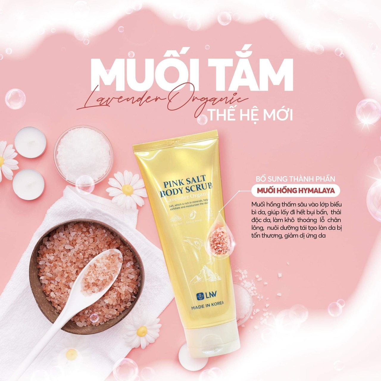 MUỐI TẮM LAVENDER ORGANIC Linh Nhâm LNV giúp tẩy tế bào chết, khử khuẩn, làm sạch da, khô thoáng lỗ chân lông 200g (LNV LAVENDER ORGANIC PINKSALT BODY SCRUB)