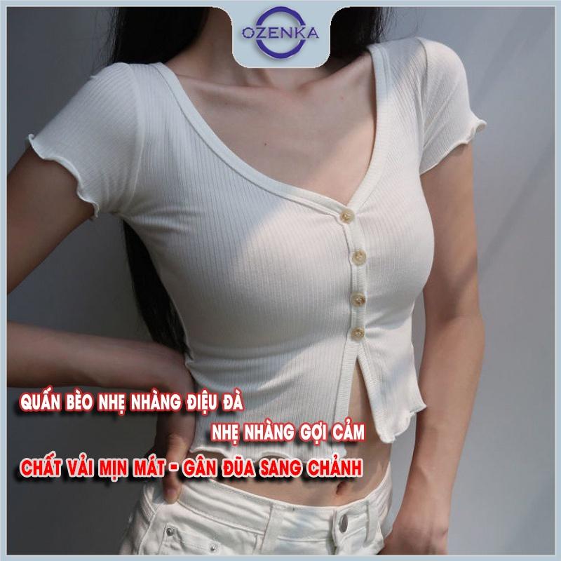 Áo croptop nữ kiểu ôm sexy cổ vuông cài khuy, áo crt ngắn tay đẹp thun gân 100% cotton màu đen trắng dưới 55 cân