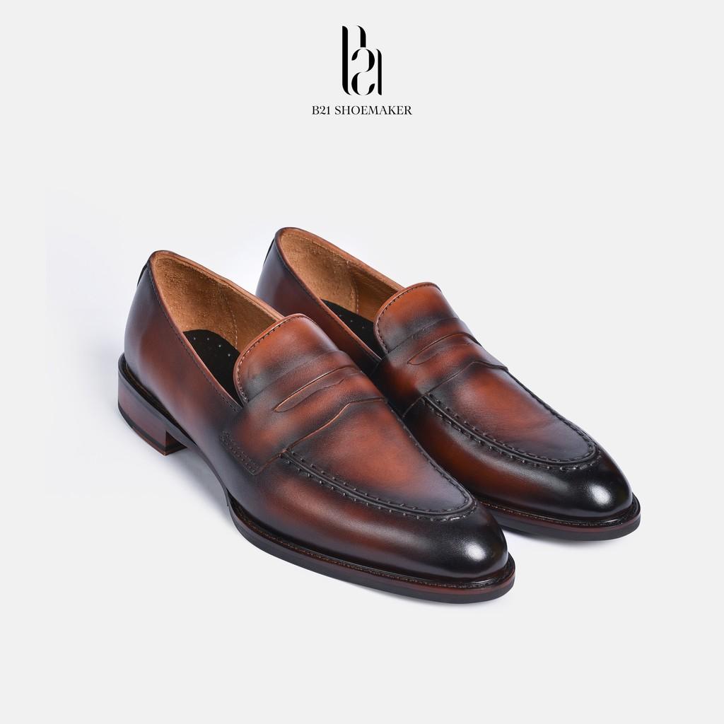 Giày Lười Loafer Da Bò Đánh Patina Đế Phíp Gỗ Lót Thoáng Khí 0,5cm Phong Cách CLASSIC Công Sở FULL BOX- B21 Shoemaker