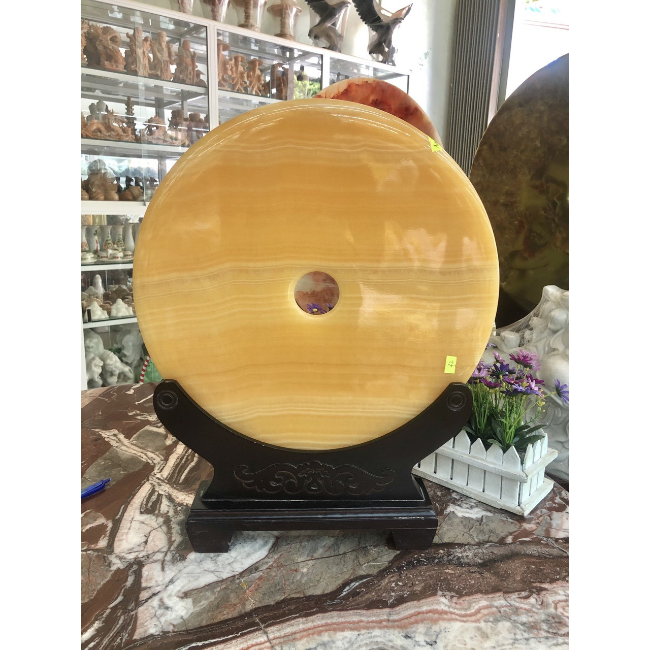 Đồng điếu  phong thủy đá ngọc hoàng long - Đường kính 42 cm