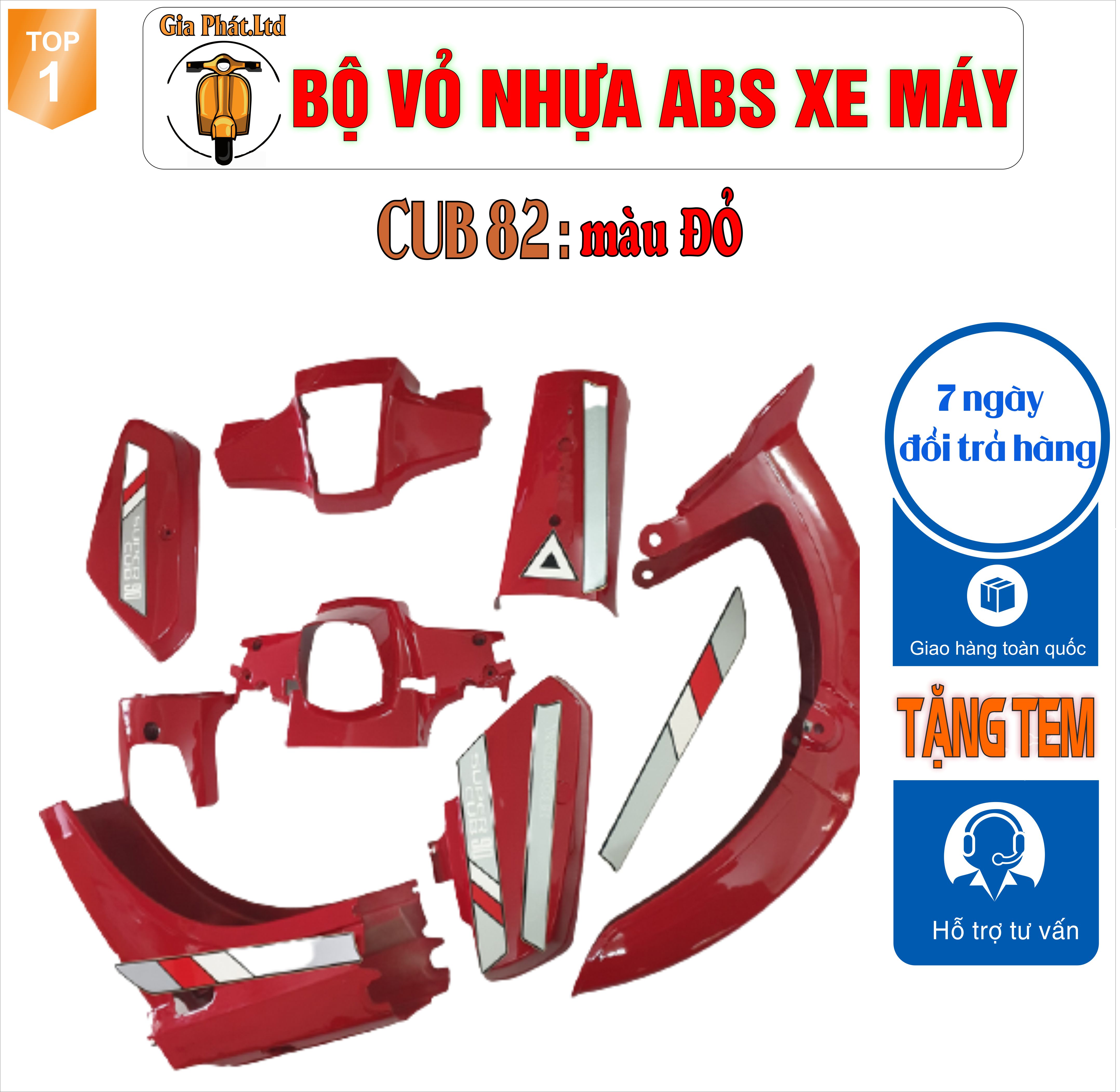 [Tặng tem] Bộ dàn áo xe Cub 82 màu ĐỎ  - nhựa ABS cao cấp -TKB-1353-2143