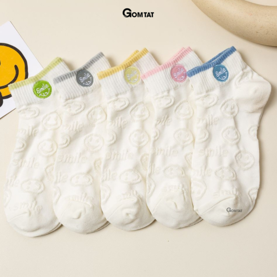 Set 5 đôi vớ nữ cổ ngắn xinh xắn họa tiết mặt cười, tất nữ cổ thấp chất liệu cotton mềm mỏng thoáng mát - CB092