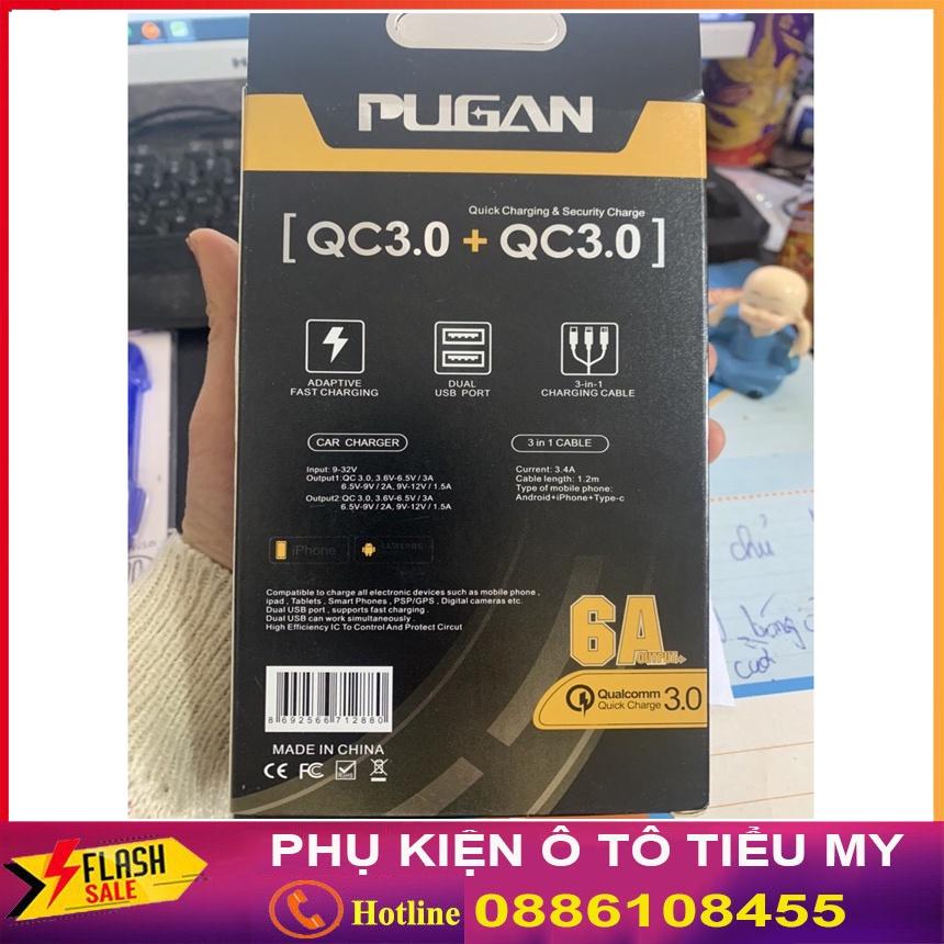 Tẩu sạc nhanh Pugan 6A, Kèm dây sạc 3 đầu, 2 cổng USB 2.1, sạc nhanh điện thoại và thiết bị điện tử, bộ sạc 3in1 cao cấp