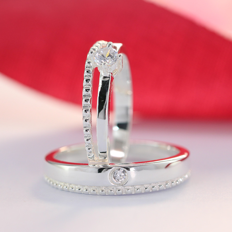 Nhẫn đôi bạc nhẫn cặp bạc đẹp đính đá cách điệu ND0355