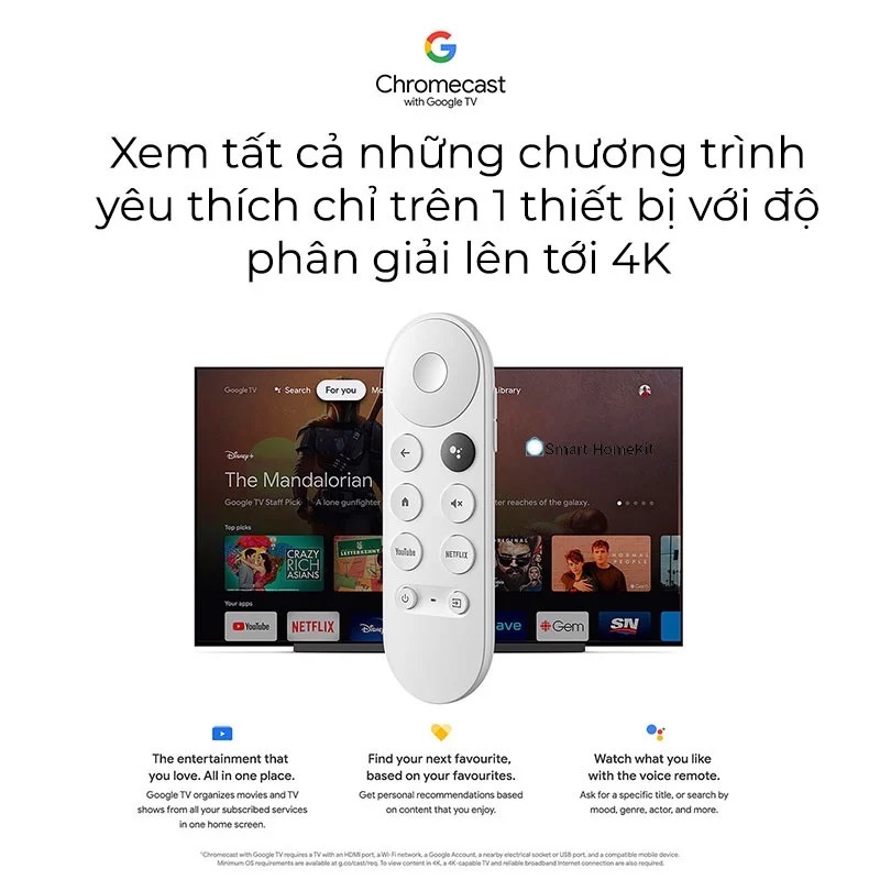 Google Chromecast kèm Google TV, chất lượng 4K, hỗ trợ tiếng Việt