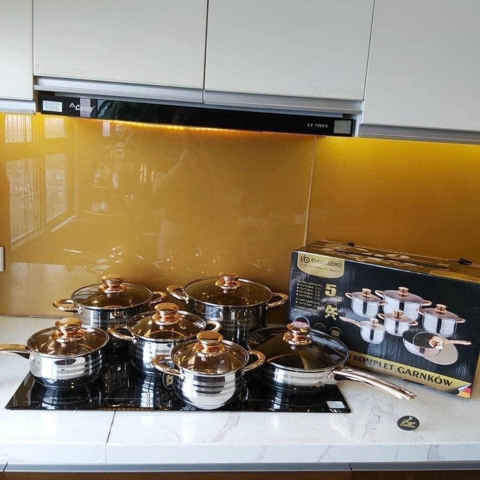 BỘ NỒI XUẤT KHẨU ĐỨC ENGELBERG 5 ĐÁY 6 MÓN INOX SUS 304 CAO CẤP NẮP KÍNH CƯỜNG LỰC - HÀNG CHÍNH HÃNG