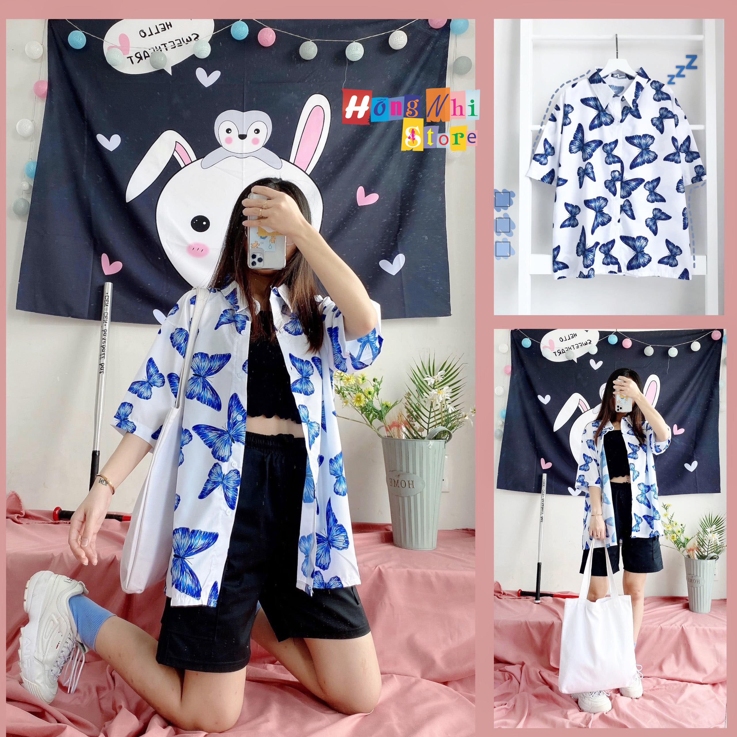 Áo sơ mi hoạ tiết tay lỡ dáng rộng,sơ mi bướm đen tay lửng unisex - mm