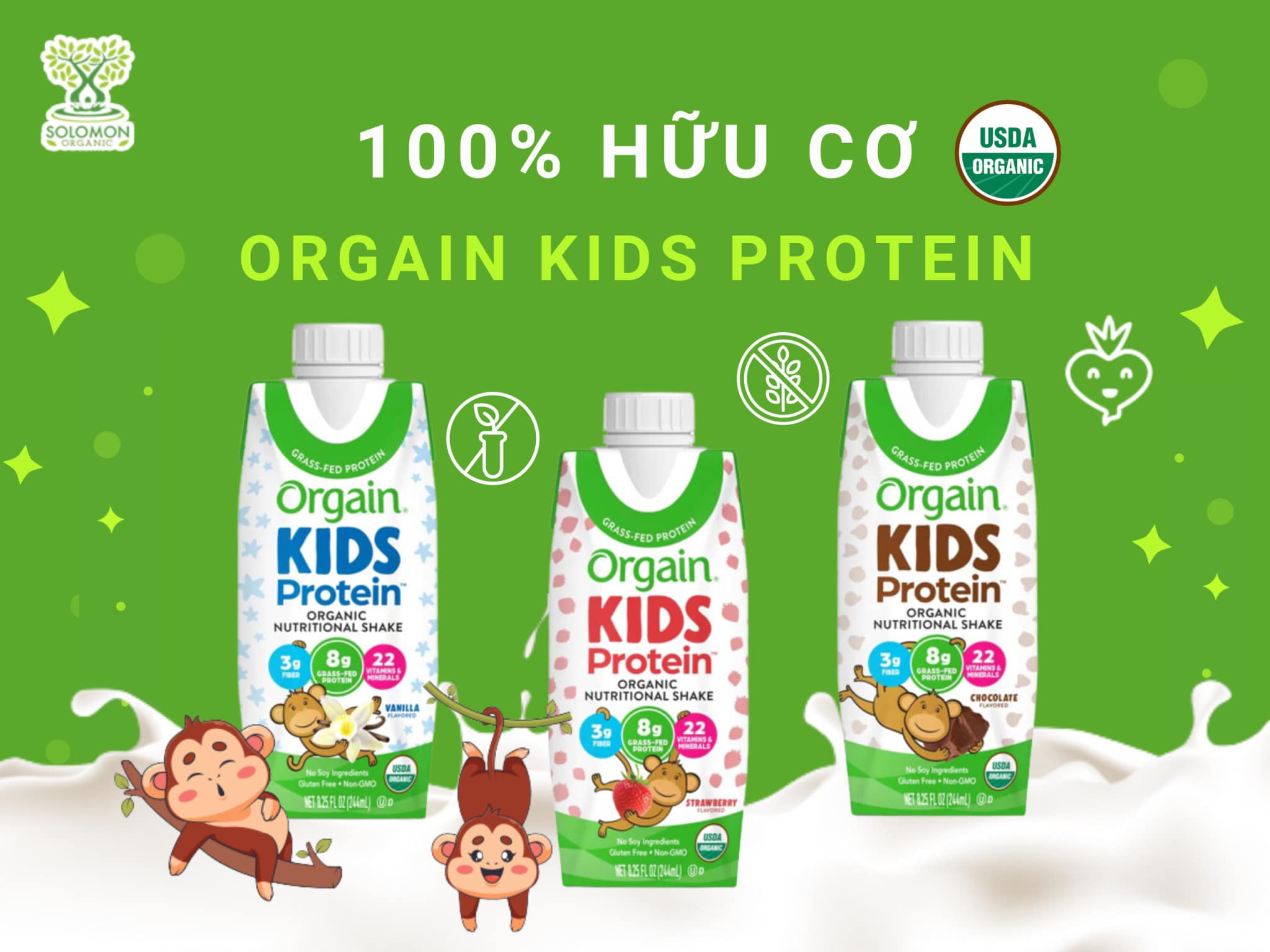 Date 08/2025  Thùng 12 Hộp Sữa nước Protein hữu cơ Orgain Kids Protein Vị Dâu 244ml x 12