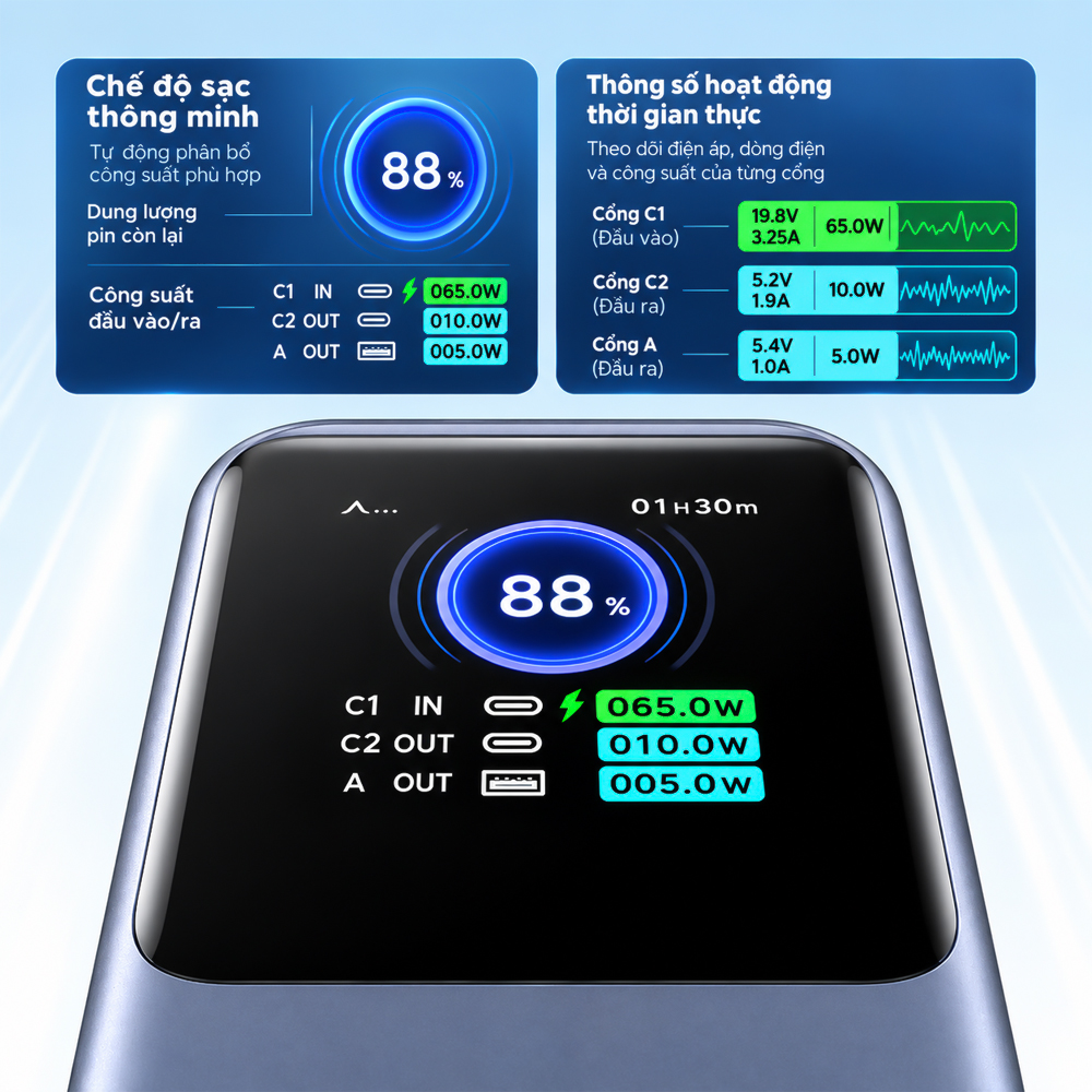 Sạc dự phòng Ugreen Nexode Power Bank Built-In Cable 1USB 2Type-C 130W 20000mAh PB721 35524B - Hàng chính hãng