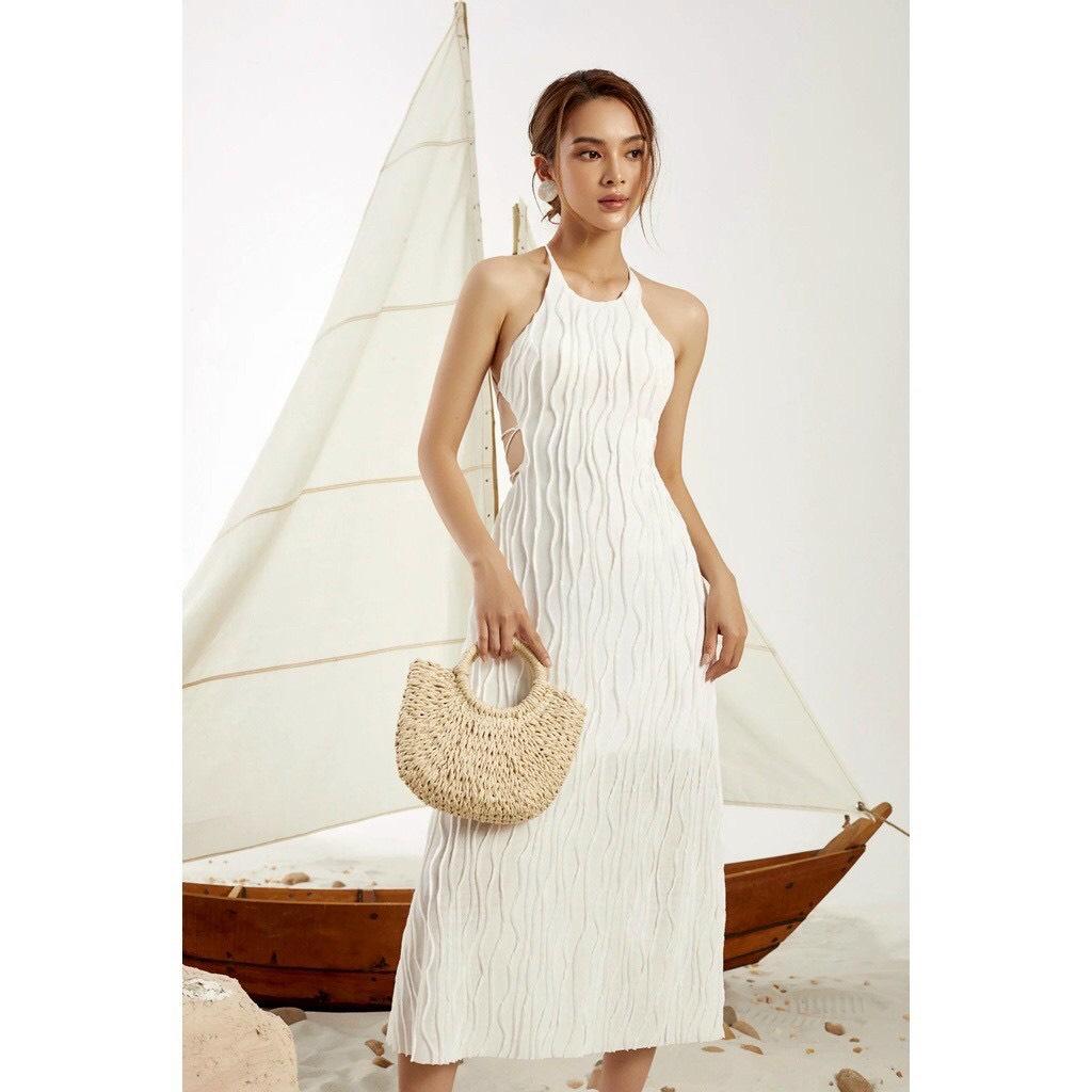ĐẦM MAXI CỔ YẾM ĐAN DÂY LƯNG 12415