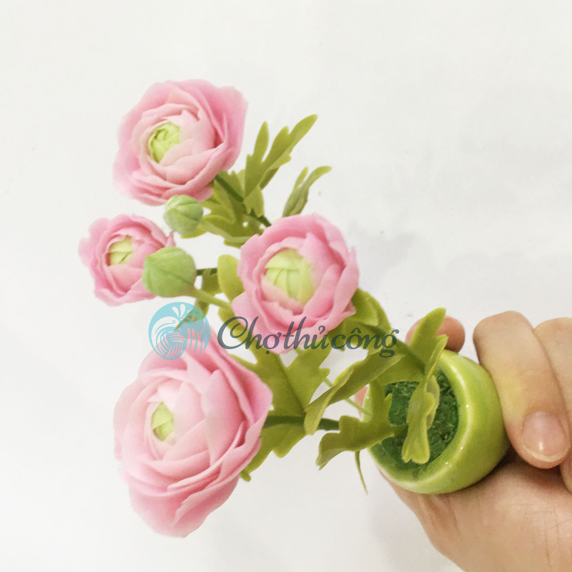 Chậu hoa đất sét mini - Cây hoa mao lương / Ranunculus - Quà tặng trang trí handmade