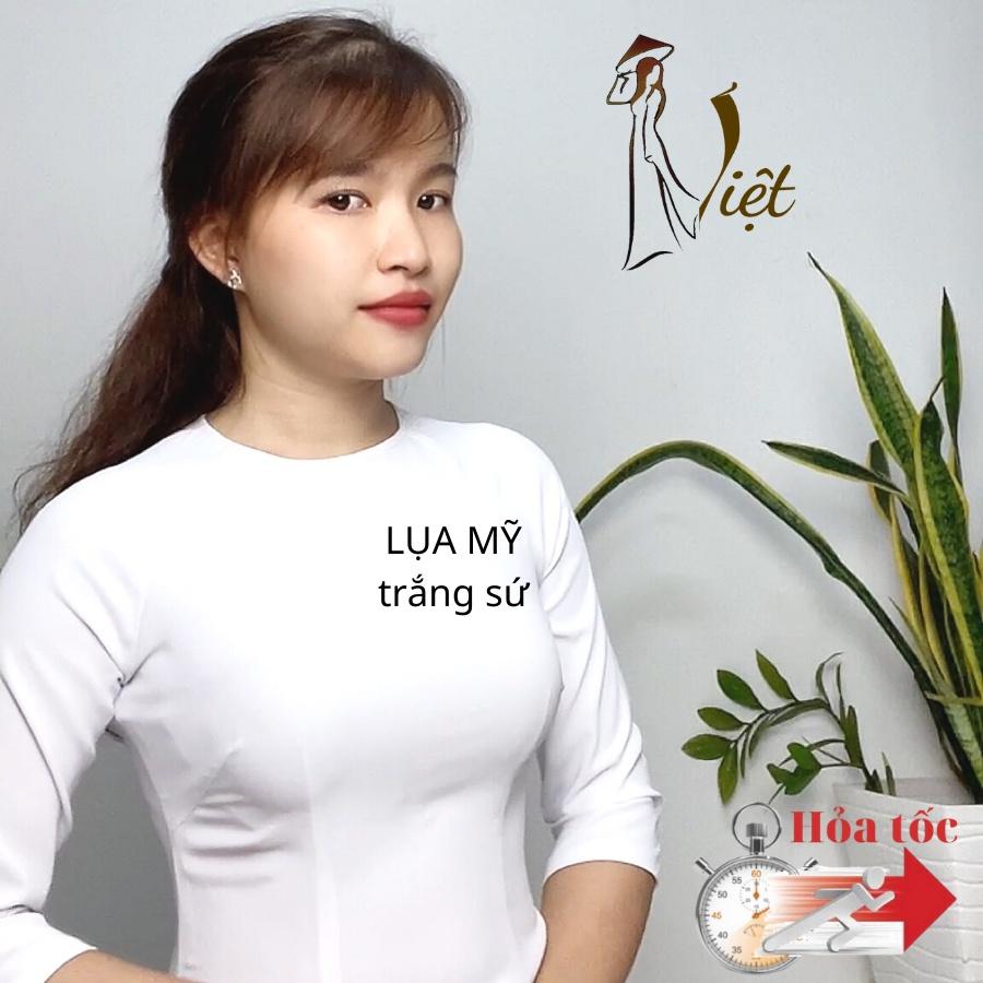 Áo dài trắng cổ tròn tay lỡ may sẵn truyền thống lụa mỹ cao cấp