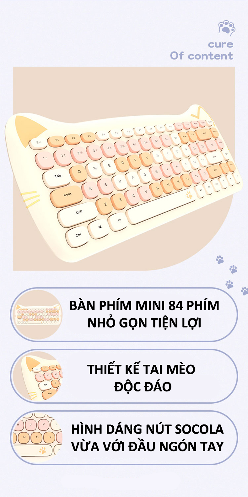 Bàn phím và chuột không dây Mofii thiết kế tai mèo đáng yêu phong cách nữ tính 84 nút hình socola độc lạ - Hàng Chính Hãng