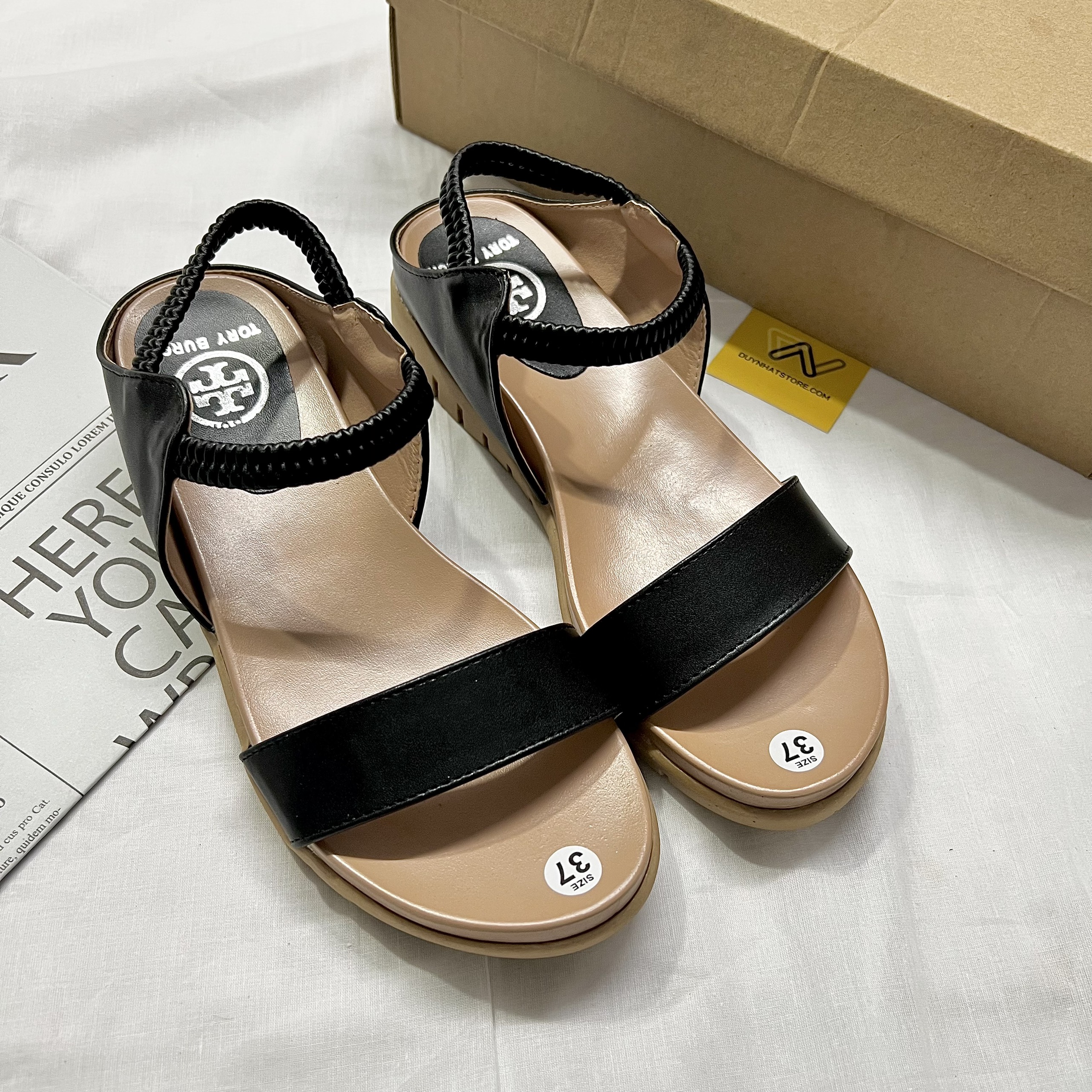 Giày Sandal Nữ 1 Quai Ngang Trơn Đế Xuồng Bằng 3cm Kem Đen Duy Nhật Store Học Sinh Đi Học Uzzang Chiến Binh Thun Bánh Mì