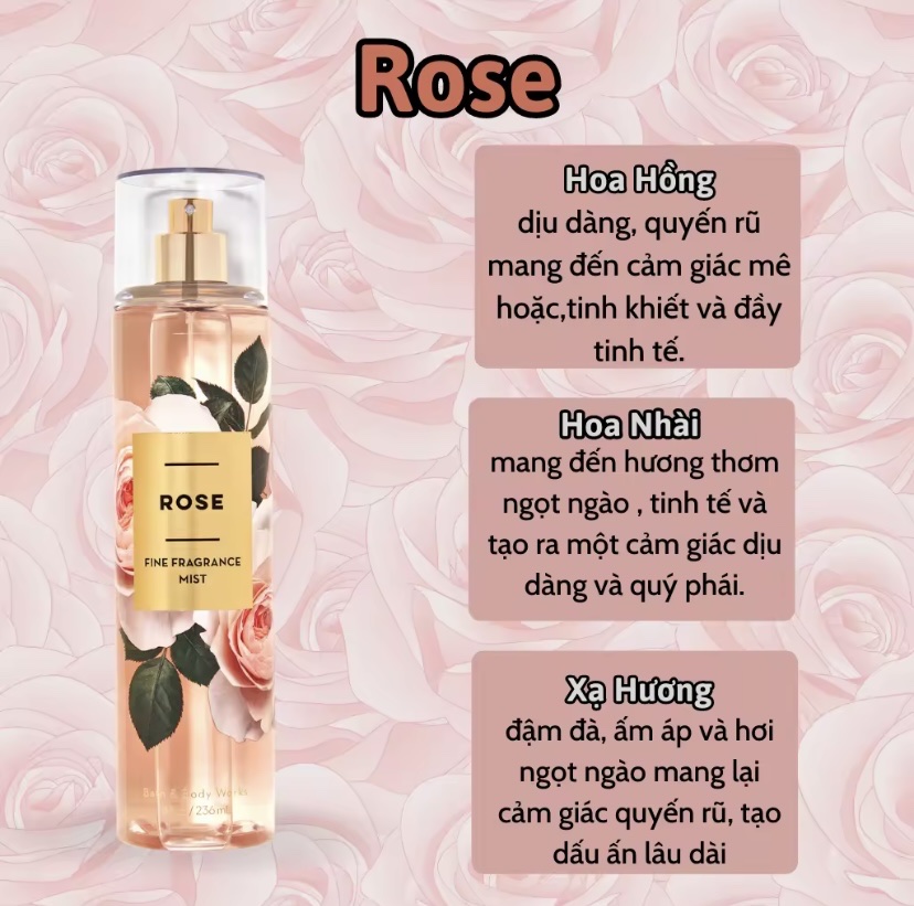 Body Mist Rose - Xịt Thơm Bath and Body Work Rose 236 ml