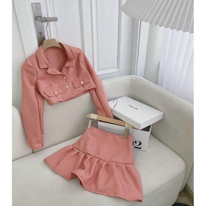 SET ÁO CROP DẠ HỒNG + CHÂN VÁY ĐUÔI CÁ