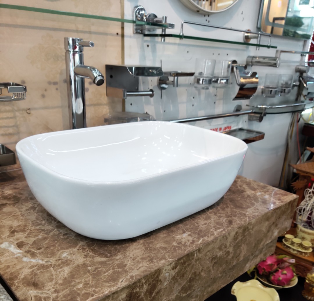 CHẬU LAVABO BÀN ĐÁ ĐẶT BÀN HÌNH CHỮ NHẬT MEN TRẮNG SÁNG