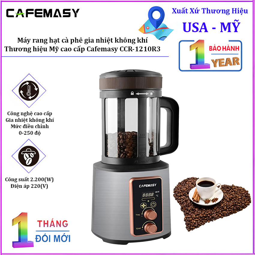 Máy rang hạt cà phê công nghệ gia nhiệt không khí, dòng máy chuyên nghiệp. Thương hiệu Mỹ cao cấp Cafemasy CCR-1210R3. Hàng chính hãng