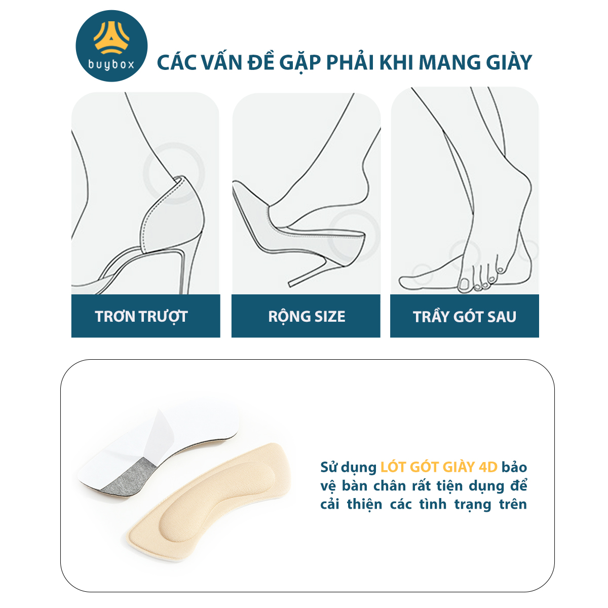 Bộ 2 cặp lót giày 4D bảo vệ gót chân và chống tuột gót giày (loại vuông) - buybox - BBPK53