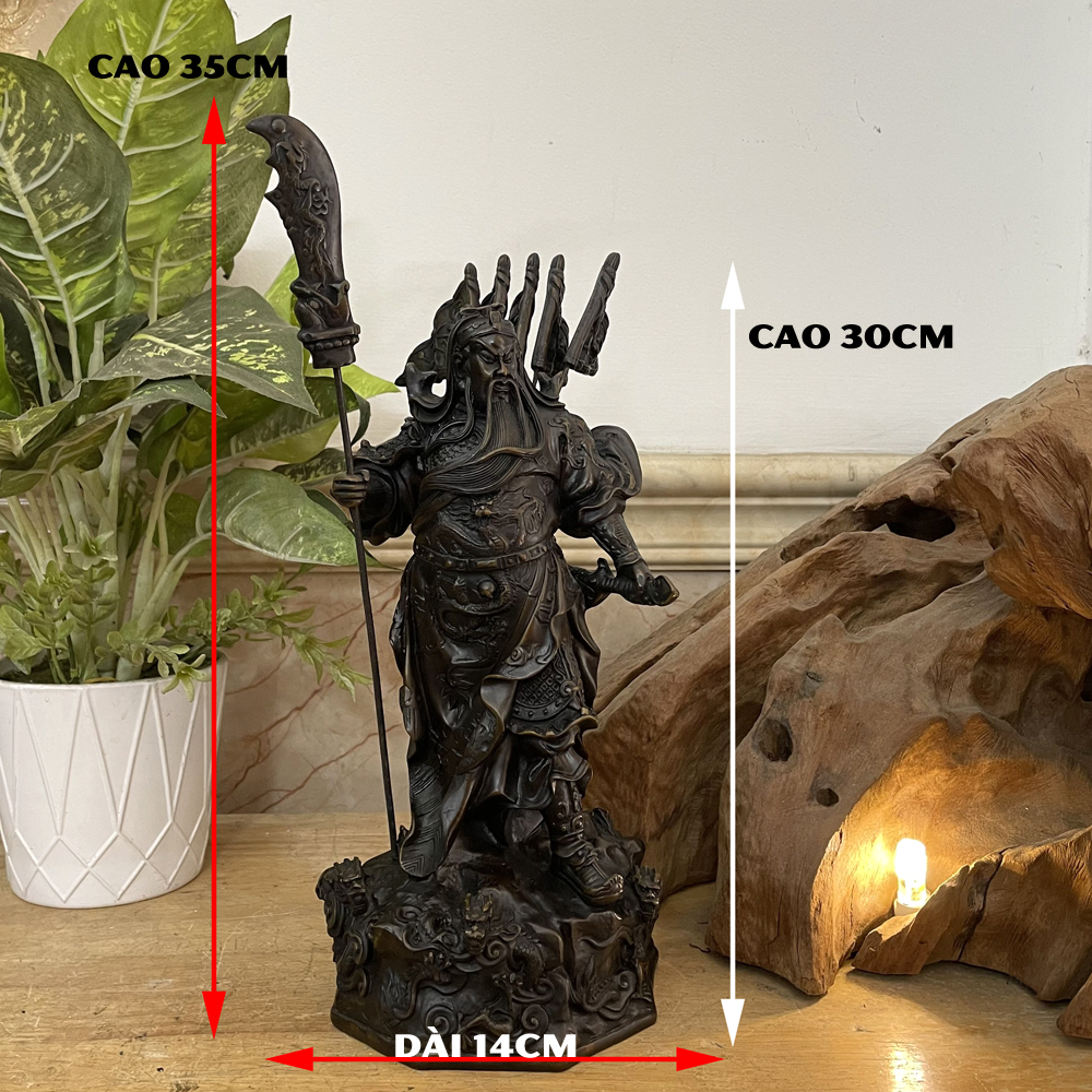 Tượng đá trang trí phong thủy tượng Quan Công cầm đao Ngũ Long - Cao 30cm - Màu Nâu Đen