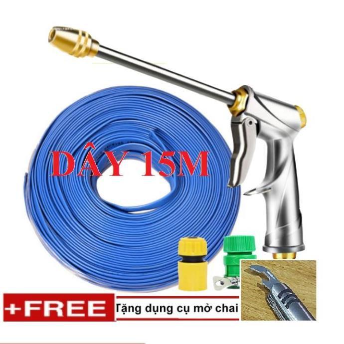 Bộ dây vòi xịt nước rửa xe, tưới cây . tăng áp 3 lần, loại 15m 206701-2 đầu đồngcút+ tặng mở chai TL