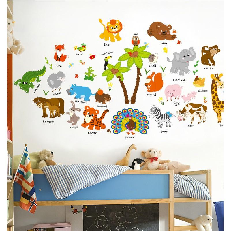 Decal dán tường trang trí - THÚ TIẾNG ANH HOẠT HÌNH MỚI