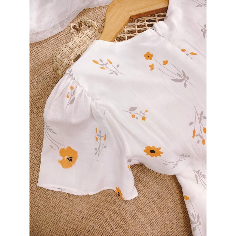 Váy hoa cổ V, Đầm trắng cổ tim Cao Cấp dáng xòe dài, phong cách Vintage hoa đỏ tay ngắn, mặc dự tiêc công sở - MiNhi