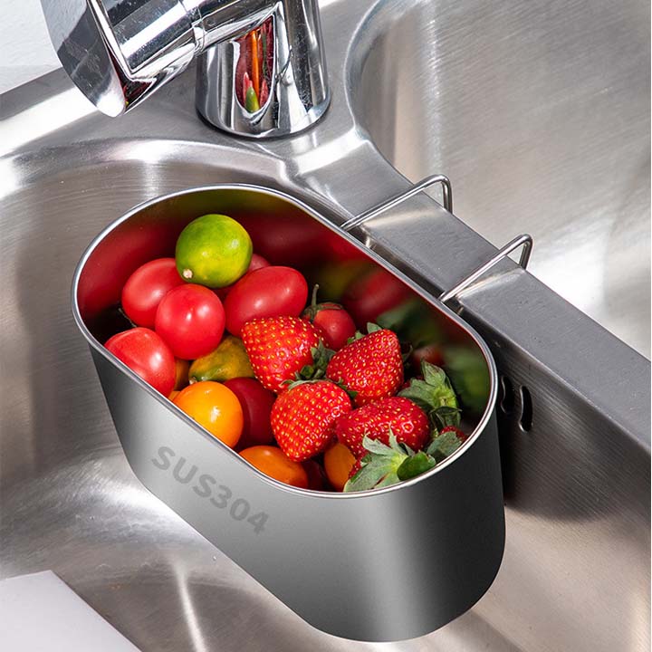 Khay lọc rác lọc đồ thừa gắn vách ngăn chậu rửa bát đôi, làm bằng inox 304