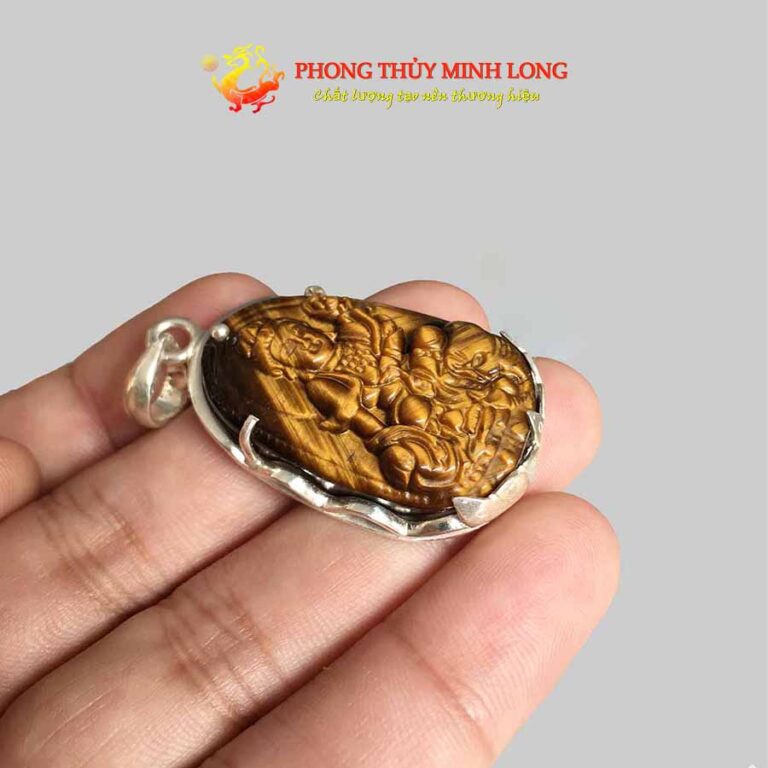 Mặt dây chuyền phật bản mệnh 12 con giáp đá Mắt Hổ Vàng Nâu bọc Bạc