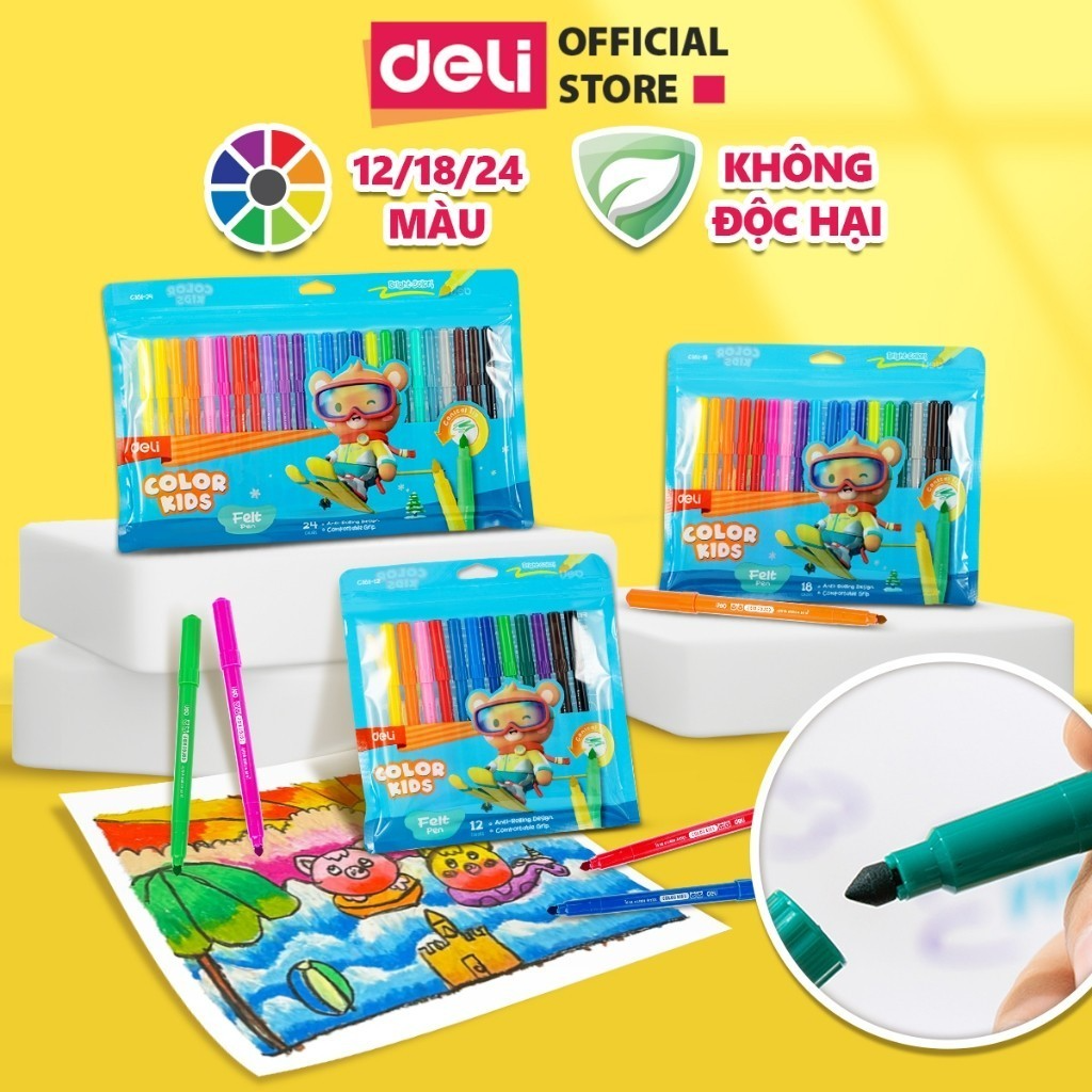Bút Lông Màu Dạ Felt Pen Deli Chính Hãng, 12/18/24 Màu Ngòi Chóp, Lượng Mực Lớn Nhiều Màu Phù Hợp Vẽ Tranh Tô Màu Đi Nét