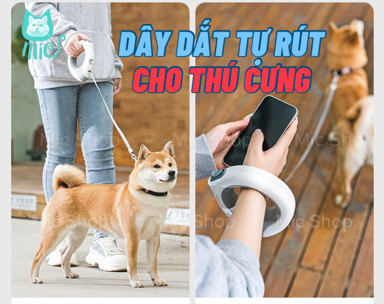 Dây dắt tự rút, tự động thu gọn có nút khoá có đèn led, tay cầm chống trượt 3m, có thể đeo cổ tay cao cấp cho thú cưng