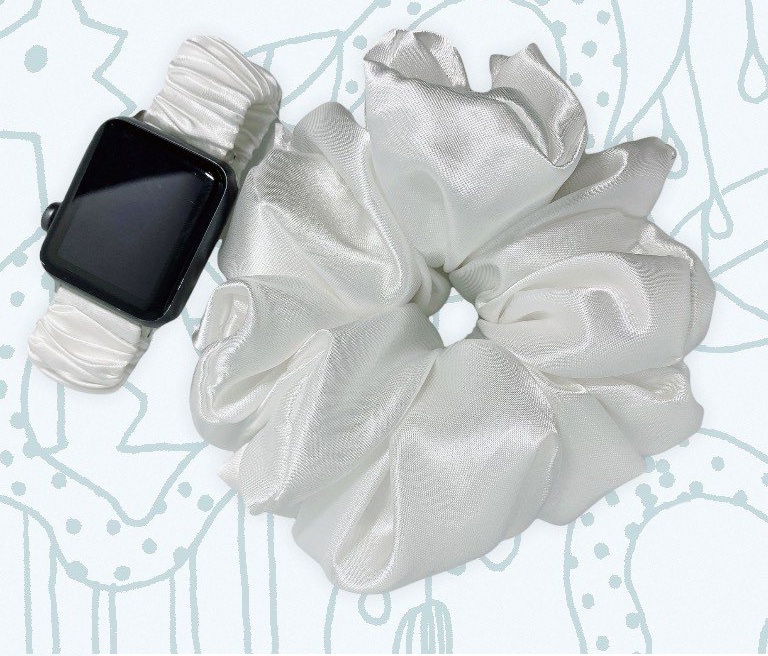 Combo dây đồng hồ kim, đồng hồ apple watch và dây cột tóc scrunchies phi lụa, sang trọng