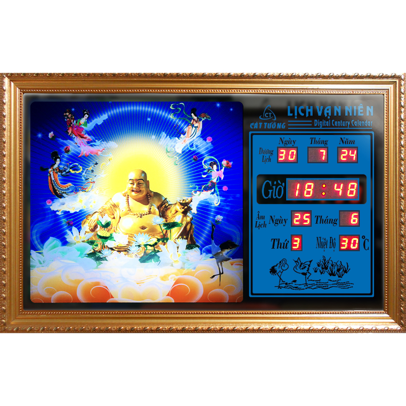 Đồng hồ Lịch Vạn Niên tranh đèn treo tường hiệu Cát Tường_tranh Phật Di Lặc 55638_KT 55x35x7cm_Có 2 loại (Không remote đèn và Có remote đèn)