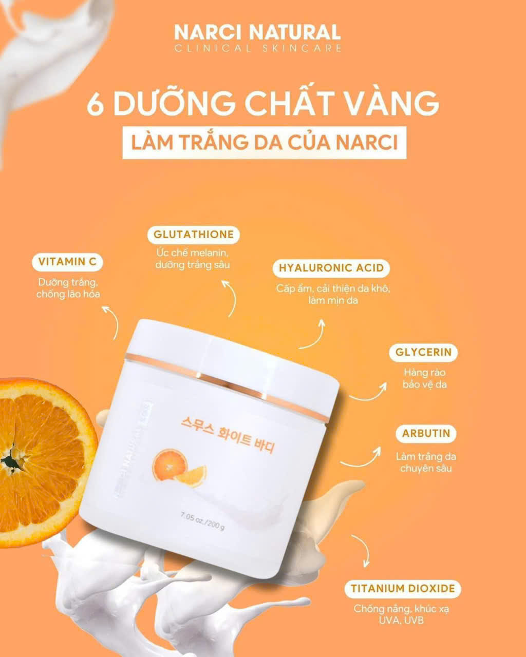Kem Dưỡng Trắng Da Body Narci Natural Smooth White Body 200g hạn 2027