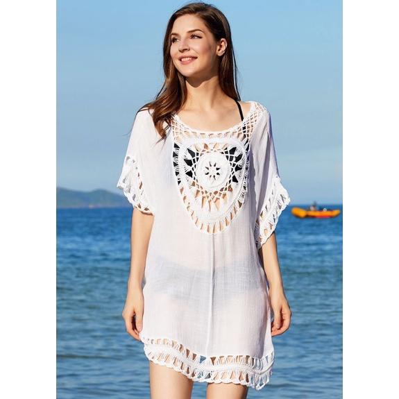 [HỎA TỐC] Nemo Bikini - Áo choàng đi biển, áo khoác đi biển dáng lỡ vải tơ mềm phối dây lưới AC5 - Trắng