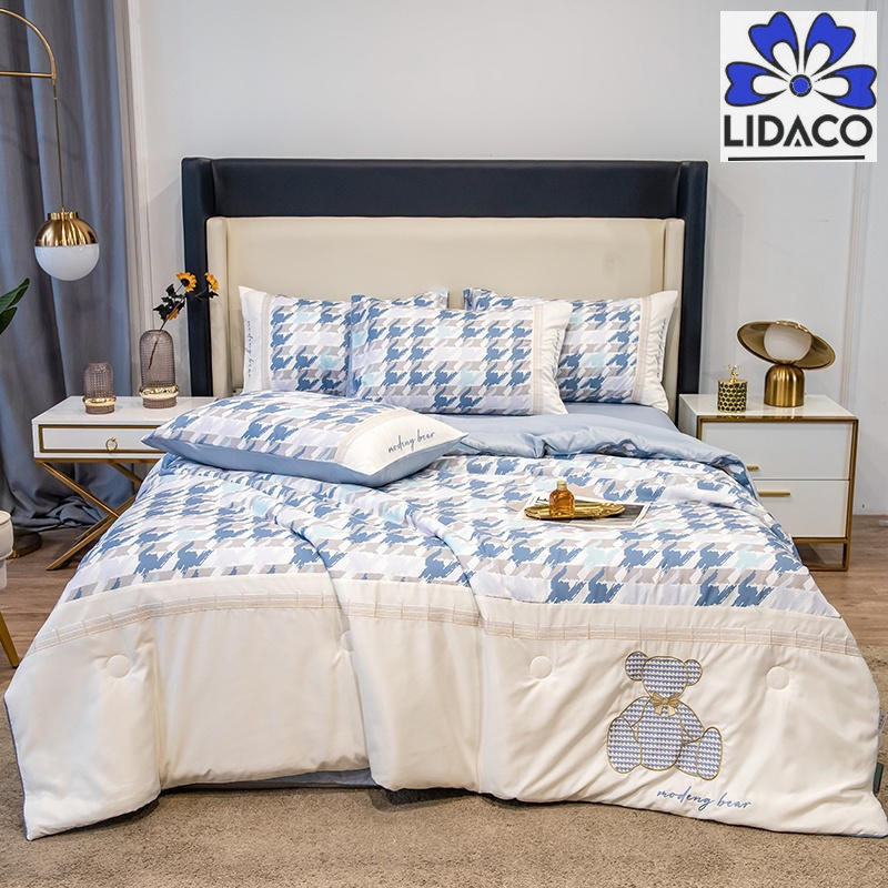 Bộ chăn chần ga gối phi lụa Gấu RM Lidaco màu nhẹ nhàng decor phòng ngủ xinh xắn