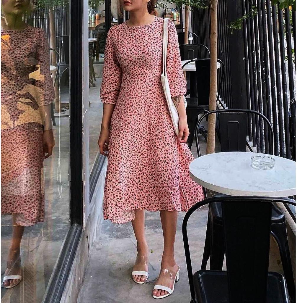 VÁY VINTAGE CỔ TRÒN TAY DÀI, Đầm công sở Quảng Châu màu hồng