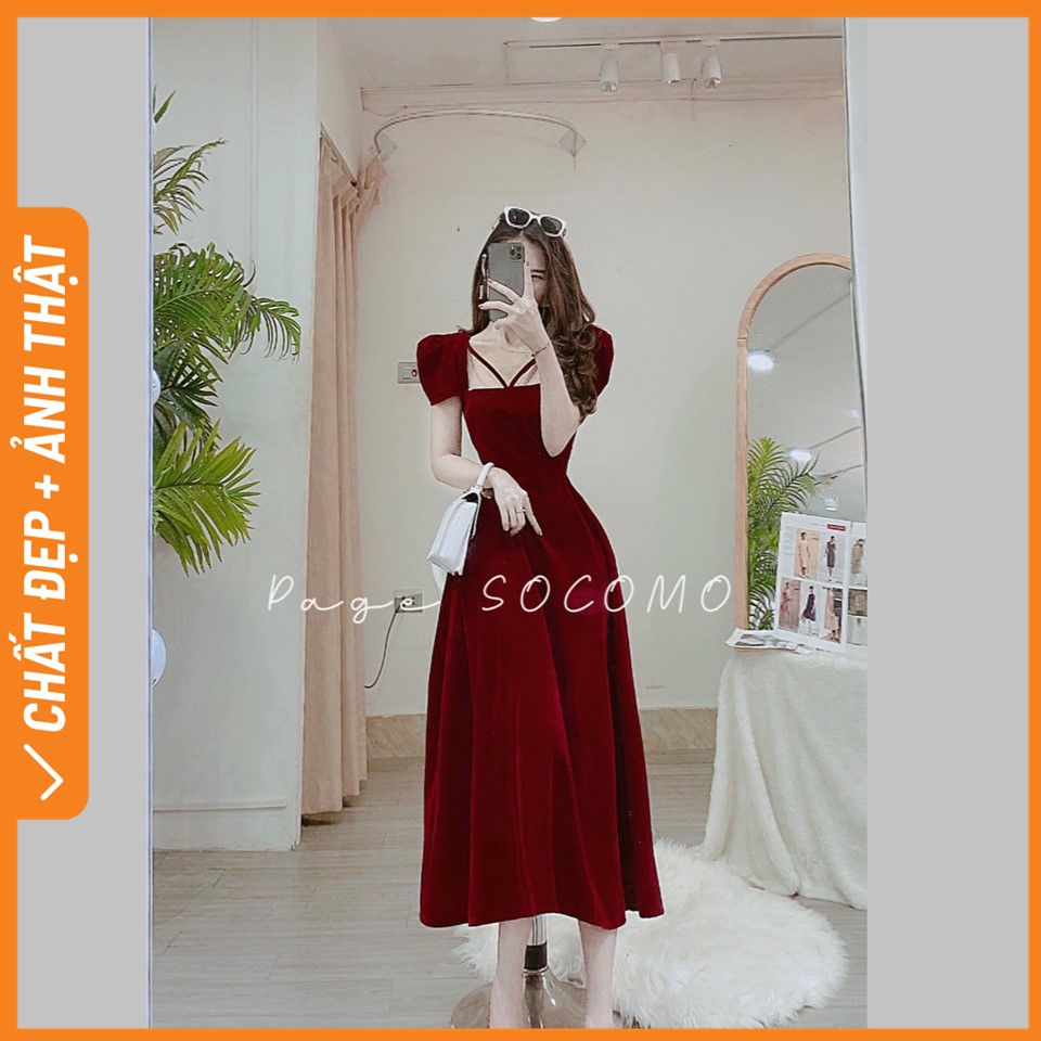 Váy Đầm Nhung Tay Hến Dây Ngực hàng thiết kế Socomo V1082022