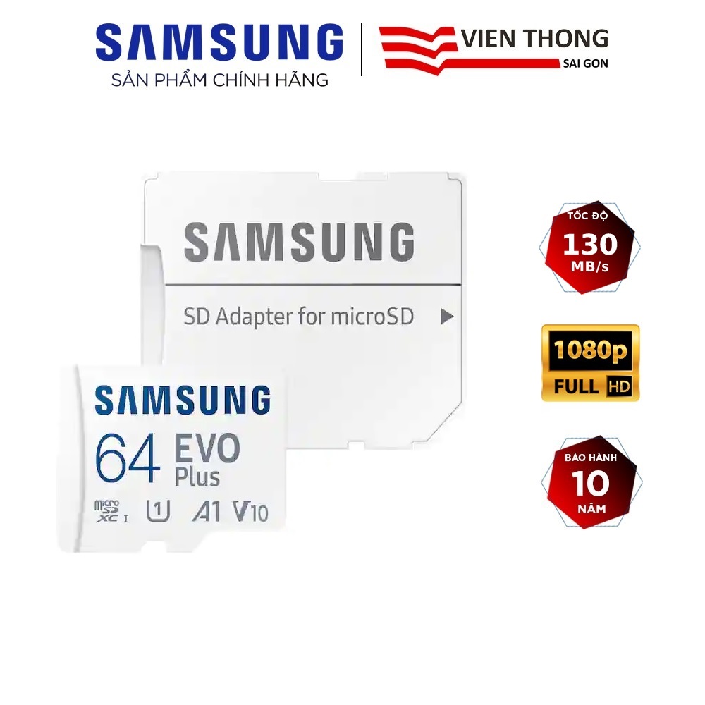 Thẻ nhớ microSDXC Samsung Evo Plus 64GB upto 130MB/s C10 U1 kèm Adapter (MB-MC64KA) - Hàng Chính Hãng