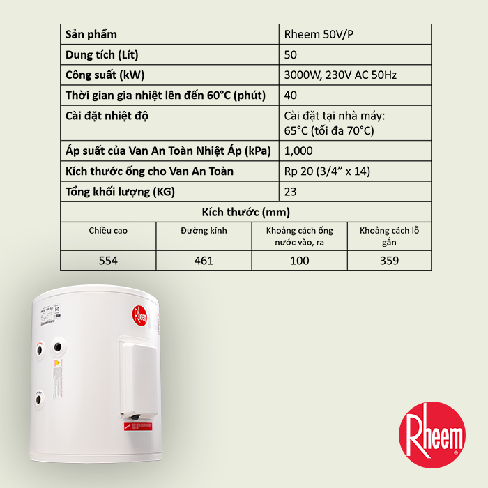 Bình Nước Nóng Gián Tiếp Rheem 50V/P - Hàng chính hãng