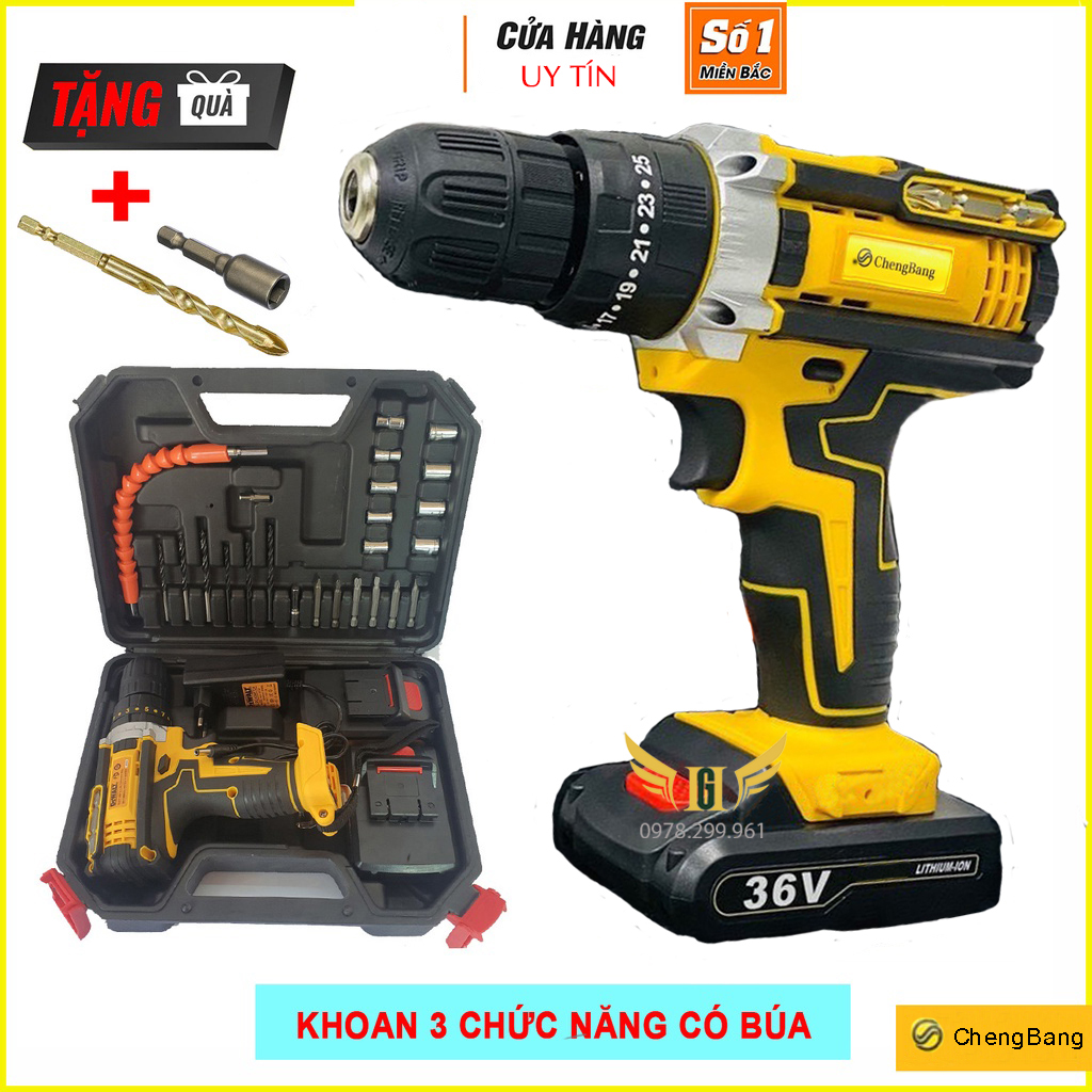 Máy khoan pin 36V Vàng 3 chức năng khoan tường,bắn vit,mở bulong- Tặng kèm 24 chi tiết gồm các mũi khoan + Mũi bắt vít