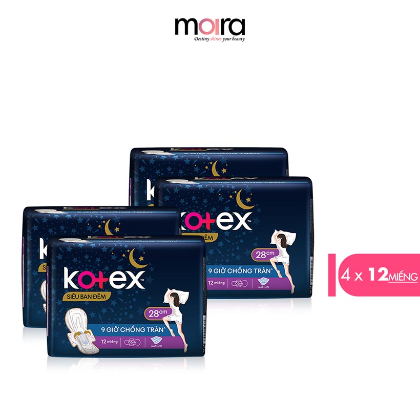 Combo 4 Gói Băng Vệ Sinh Kotex Siêu Ban Đêm 9h chống tràn, dày cánh 28cm (12 miếng/gói)