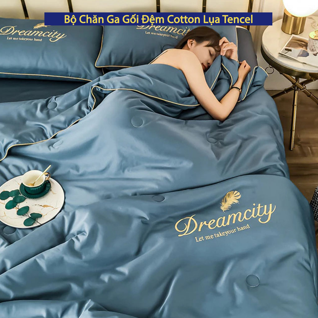 Bộ Chăn Ga Gối Đệm 5 Món Phi Lụa Tencel Dream City Cao Cấp Chuẩn Khách Sạn 5 Sao Bộ Drap Ra Ga Nệm Trải Giường ( Xin gửi shop chiều cao nệm )