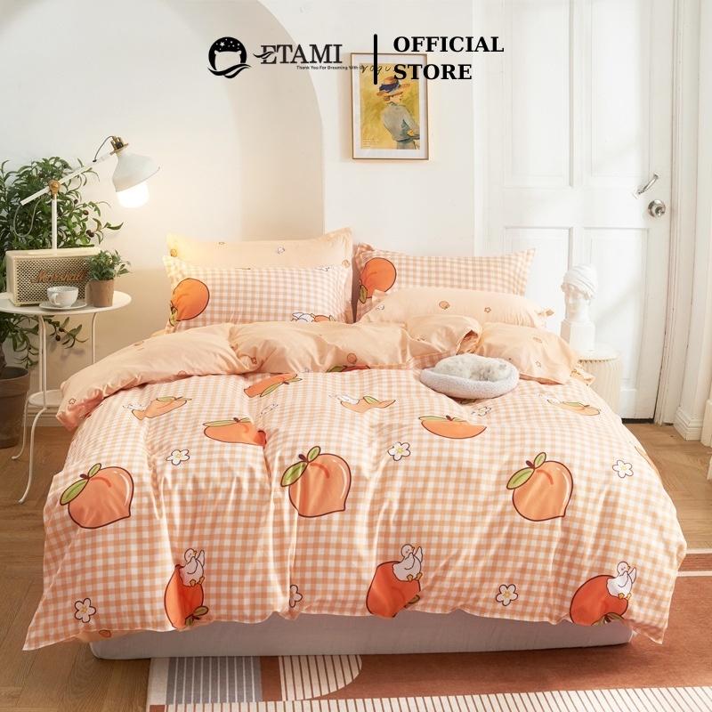 Bộ chăn ga gối đệm cao cấp cotton poly quả đào cam cute miễn phí bo chun drap giường , ga trải giường P08