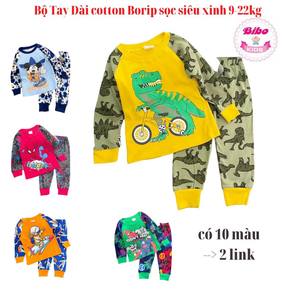 Bộ dài tay bé trai thun cotton borip xuất dư mềm mịn, in hoạt hình siêu cưng, đồ bộ tay dài quần dài thu đông