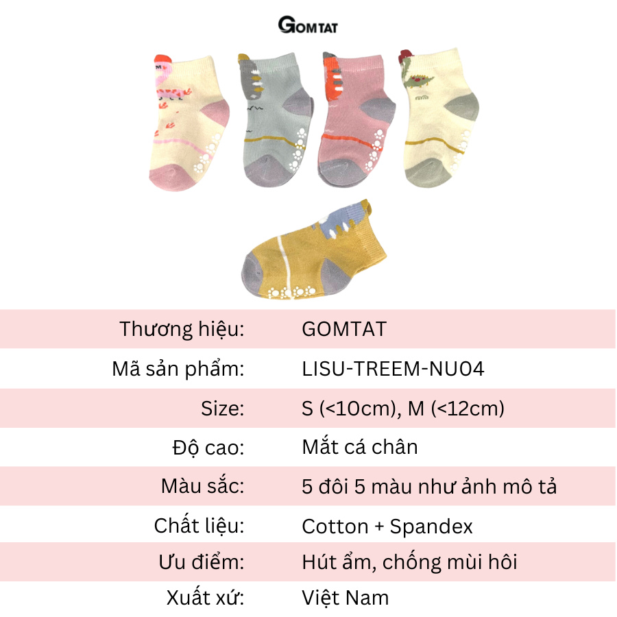 Set 5 Đôi Tất Cho Bé Gái GOMTAT Khủng Long Dễ Thương, Vớ Trẻ Em Có Đệm Cao Su Chống Trượt Gót - LISU-TREEM-NU04