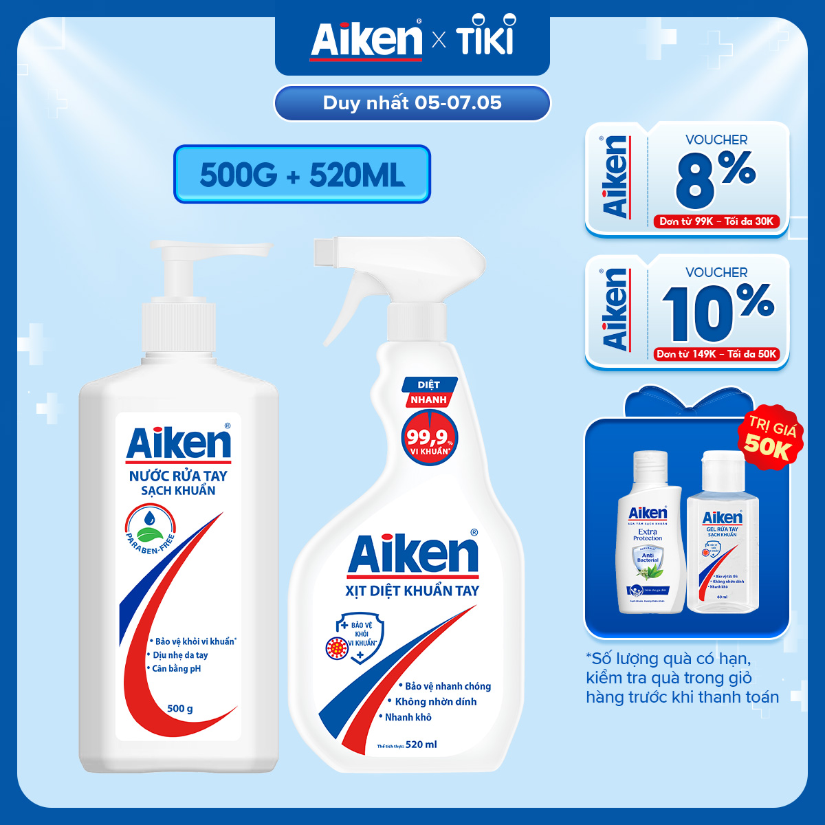 Combo Nước rửa tay 500g và Xịt khử khuẩn tay 520ml Aiken