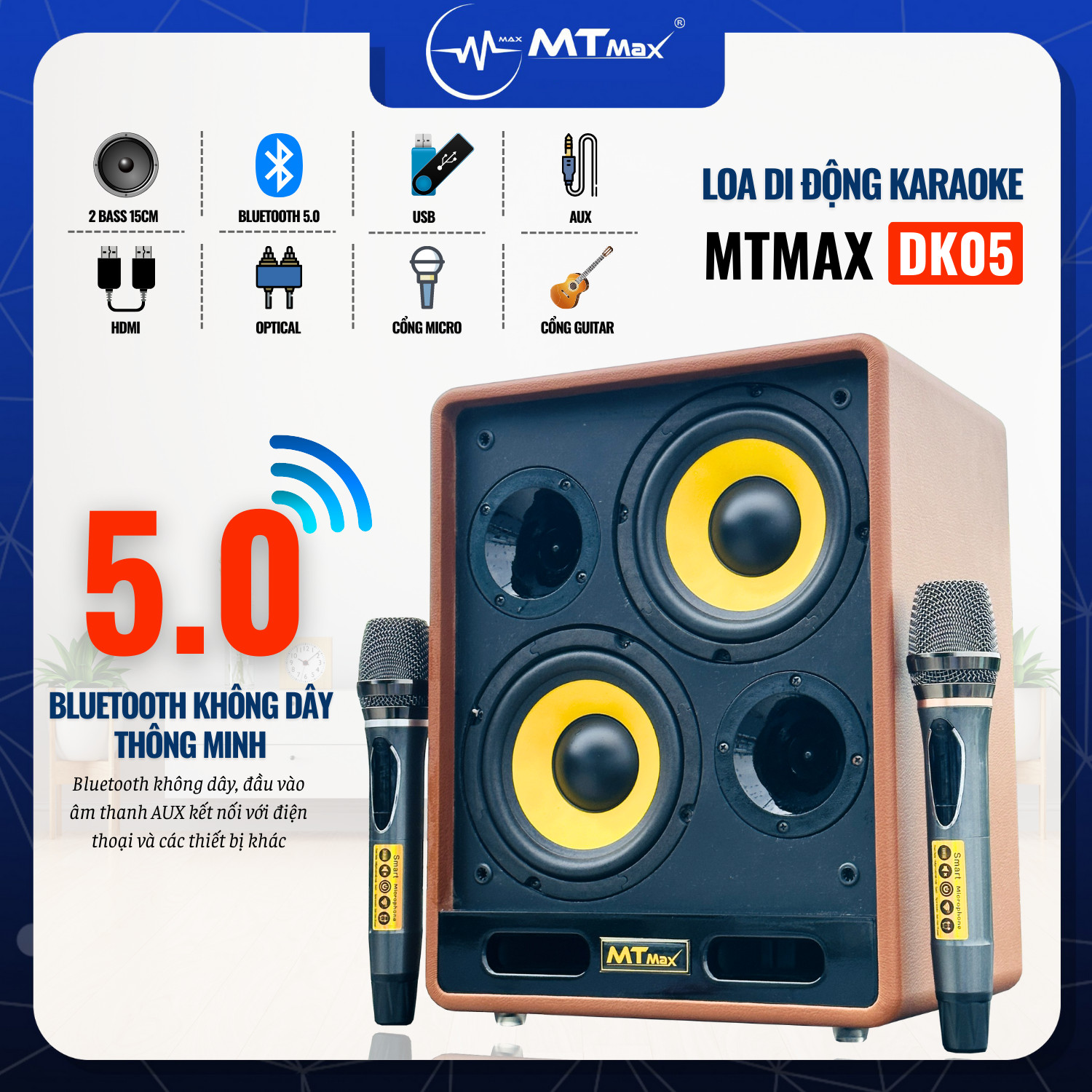 Siêu Phẩm MTMAX DK05, Loa Di Động Làm Siêu Lòng Bao Nhiêu Con Tim, Trang Bị 2 Bass, 2 Treble Đầy Đủ Kết Nối Bluetooth, HDMI, Optical, Cổng Guitar, Cổng Micro, TF hàng chính hãng