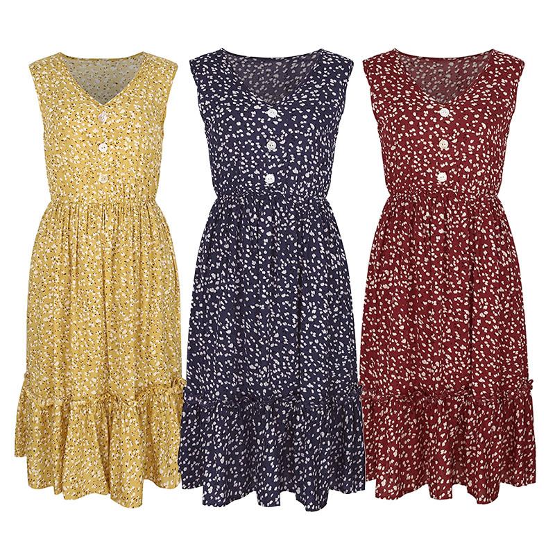 Fashion Women Summer Floral Print Dress V Neck Sleeveless Button High Waist Ruffles Bohemian Holiday Dress